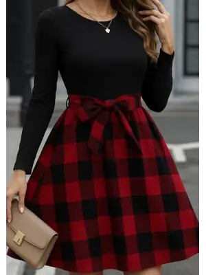 Kadın Uzun Kollu Bisiklet Yaka üst Viskon Alt Ekose Kısa Elbise