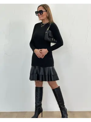 Kadın Uzun Kollu Bisiklet Yaka üst Viskon Etek Ucu Deri Kısa Elbise