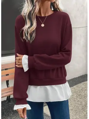 Kadın Uzun Kollu Bisiklet Yaka Viskon Iki Iplik Ve Etek Ucu Trikoton Bluz