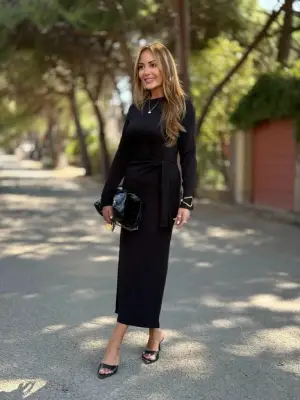 Kadın Uzun Kollu Bisiklet Yaka Yandan Bağlamalı Uzun Modal Elbise