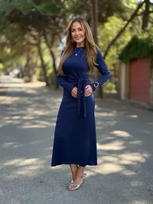 Kadın Uzun Kollu Bisiklet Yaka Yandan Bağlamalı Uzun Modal Elbise