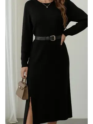 Kadın Uzun Kollu Bisiklet Yaka Yandan Yırtmaçlı Midi Triko Elbise