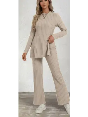 Kadın Uzun Kollu Bisiklet Yaka Yandan Yırtmaçlı şardonlu Kaşkorse Bluz Ve Pantolon Ikili Takım