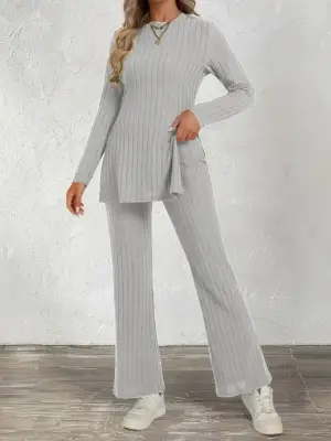 Kadın Uzun Kollu Bisiklet Yaka Yandan Yırtmaçlı şardonlu Kaşkorse Bluz Ve Pantolon Ikili Takım