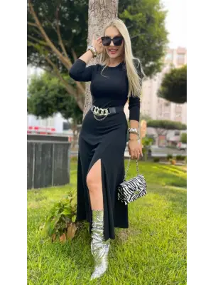 Kadın Uzun Kollu Bisiklet Yaka Yırtmaçlı Kemerli Uzun çilek Elbise