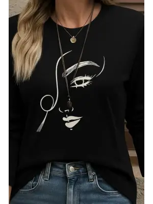 Kadın Uzun Kollu Bisiklet Yaka Yüz Desenli Viskon Bluz