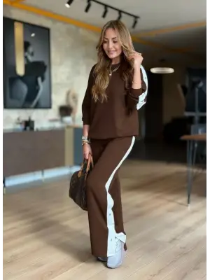 Kadın Uzun Kollu Bisiklet Yakalı Düğmeli Viskon Iki Iplik Bluz Ve Pantolon Ikili Takım