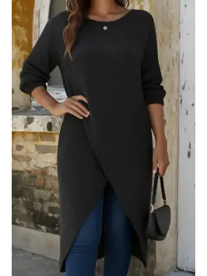 Kadın Uzun Kollu Bisiklet Yakalı önden çapraz Kesim Detaylı Midi Triko Elbise