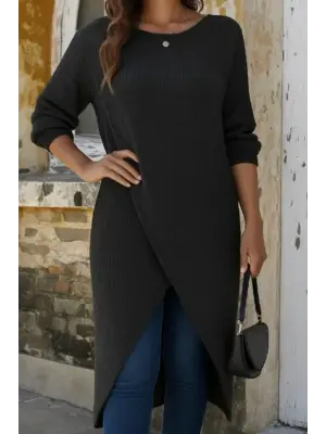 Kadın Uzun Kollu Bisiklet Yakalı önden çapraz Kesim Detaylı Midi Triko Elbise