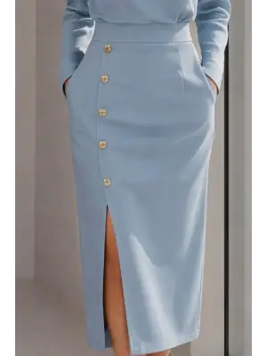 Kadın Uzun Kollu Bisiklet Yakalı Yandan Yırtmaçlı Düğmeli Midi Ithal Krep Elbise