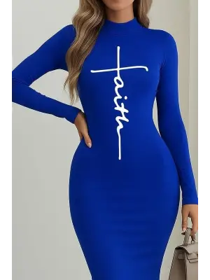 Kadın Uzun Kollu Boğazlı Baskı Detaylı Viskon Tam Boy Elbise