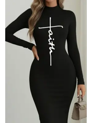 Kadın Uzun Kollu Boğazlı Baskı Detaylı Viskon Tam Boy Elbise