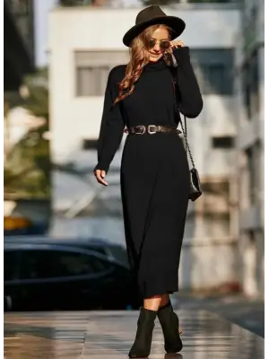 Kadın Uzun Kollu Boğazlı Midi Boy Triko Elbise (kemersiz)