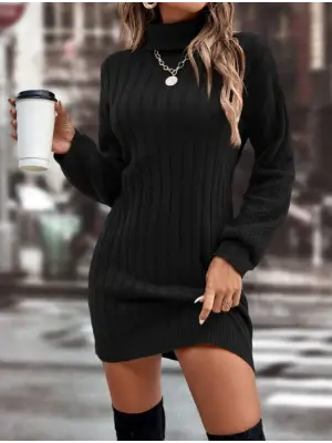 Kadın Uzun Kollu Boğazlı Uzun Balon Kol Triko Mini Elbise