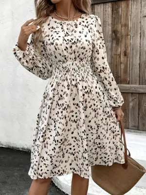 Kadın Uzun Kollu Bot Yaka Beli Lastikli Midi Süprem Elbise