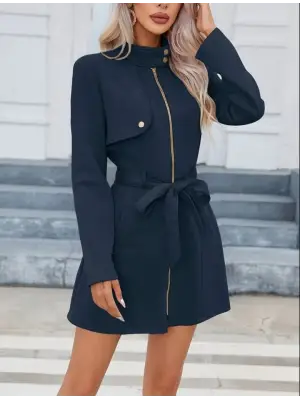 Kadın Uzun Kollu Boyundan Düğmeli Fermuarlı Beli Kuşaklı Süet Ceket