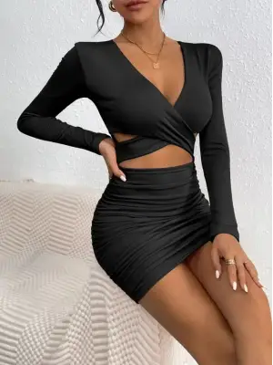 Kadın Uzun Kollu çapraz Dekolte Detaylı Mini Sandy Elbise