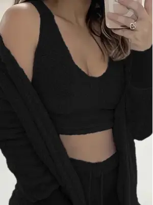 Kadın Uzun Kollu Ceket, Askılı Peluş Bluz Ve şort üçlü Takım