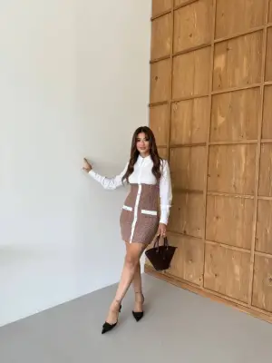 KADIN UZUN KOLLU CEP VE DÜĞME DETAY MİNİ GÖMLEK ELBİSE