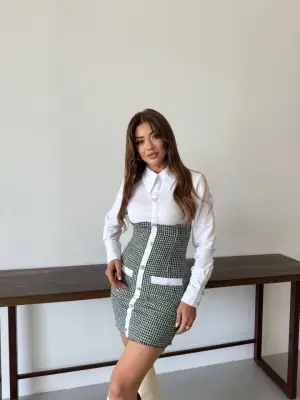 KADIN UZUN KOLLU CEP VE DÜĞME DETAY MİNİ GÖMLEK ELBİSE