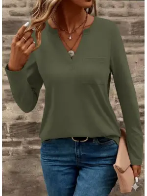 Kadın Uzun Kollu Cepli V Yakalı Viskon Iki Iplik Bluz