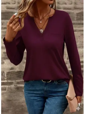 Kadın Uzun Kollu Cepli V Yakalı Viskon Iki Iplik Mürdüm Bluz