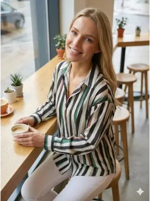 Kadın Uzun Kollu Dalgalı Desen Baskılı Gömlek