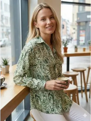 Kadın Uzun Kollu Dalgalı Desen Baskılı Gömlek