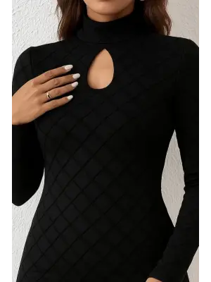 Kadın Uzun Kollu Damla Detay Flok Baskı Dalgıç Mini Elbise