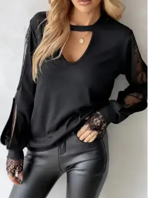 Kadın Uzun Kollu Damla Detaylı Viskon Iki Iplik Bluz