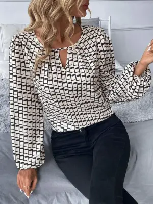 Kadın Uzun Kollu Damla Detaylı Yaka Desenli Süprem Bluz