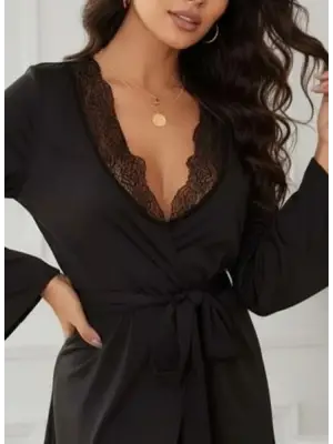 Kadın Uzun Kollu Dantel Yakalı Belden Kuşaklı Viskon Gecelik