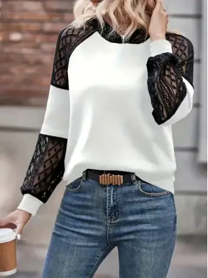 Kadın Uzun Kollu Dantelli Kapşonlu Viskon Iki Iplik Bluz