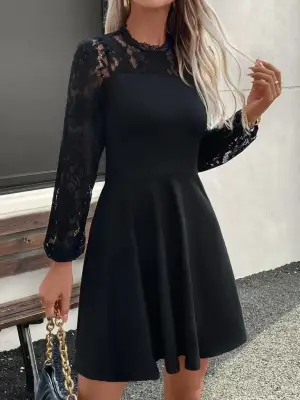 Kadın Uzun Kollu Dantelli Kloş Mini Ithal Krep Elbise