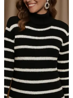 Kadın Uzun Kollu Degaje Yaka çizgili Sonya Iplik Mini Boy Triko Elbise (kemersiz)