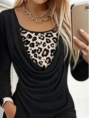 Kadın Uzun Kollu Degaje Yaka Leopar Detaylı Cepli Kısa Sandy Elbise