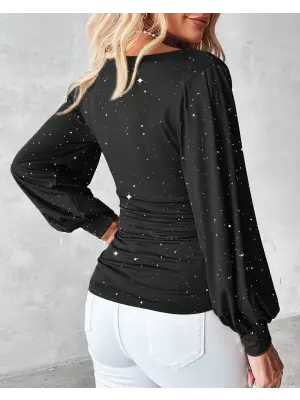 Kadın Uzun Kollu Degaje Yaka Taşlı Sandy Bluz