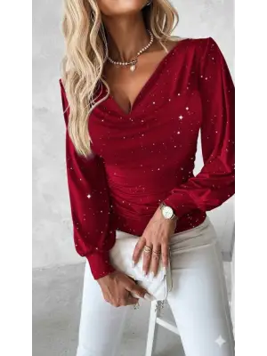 Kadın Uzun Kollu Degaje Yaka Taşlı Sandy Bluz