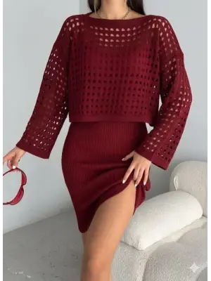 Kadın Uzun Kollu Delikli Kazak Askılı Elbise Triko Ikili Takım