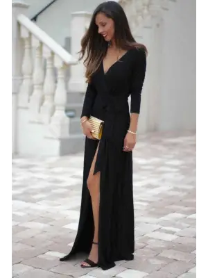 Kadın Uzun Kollu Derin V Kruvaze Yaka Beli Lastik Yırtmaç Ve Bağcık Detaylı Sandy Tam Boy Elbise