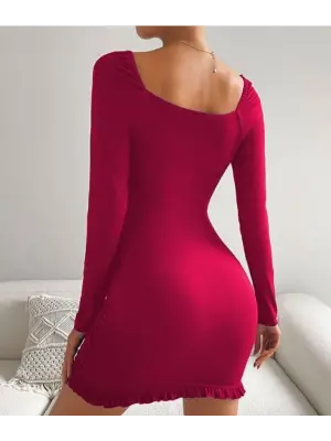 Kadın Uzun Kollu Derin V Yaka Göğüs Altı Dekolte Detay Etek Ucu Fırfırlı Sandy Mini Boy Elbise