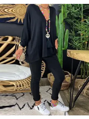 Kadın Uzun Kollu Derin V Yaka ön Kısa Arka Uzun Viskon Bluz