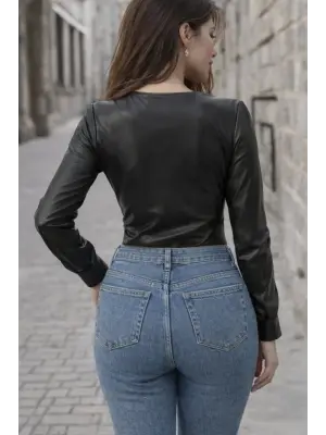 Kadın Uzun Kollu Derin V Yakalı Deri Zıbın