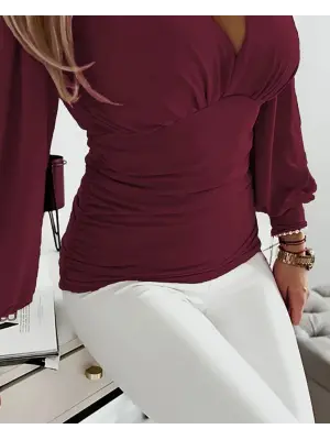 Kadın Uzun Kollu Derin V Yakalı önden Büzgülü Sandy Bluz