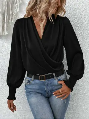 Kadın Slim Fit Kruvaze Yaka Bluz