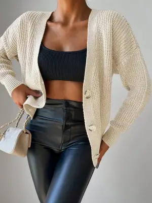 Kadın Uzun Kollu Düğme Detay Triko Bluz