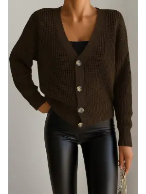 Kadın Uzun Kollu Düğme Detay Triko Hırka