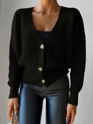 Kadın Uzun Kollu Düğme Detay Triko Hırka