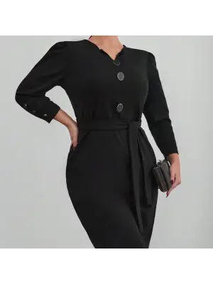 Kadın Uzun Kollu Düğme Detaylı Kendinden Kemerli Ithal Krep Elbise