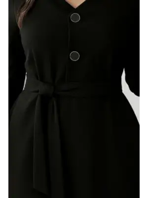 Kadın Uzun Kollu Düğme Detaylı Kendinden Kemerli Ithal Krep Elbise